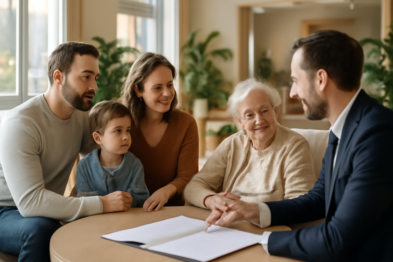 maison retraite seniorhome.fr : famille et conseiller évaluant un établissement lors d'une visite