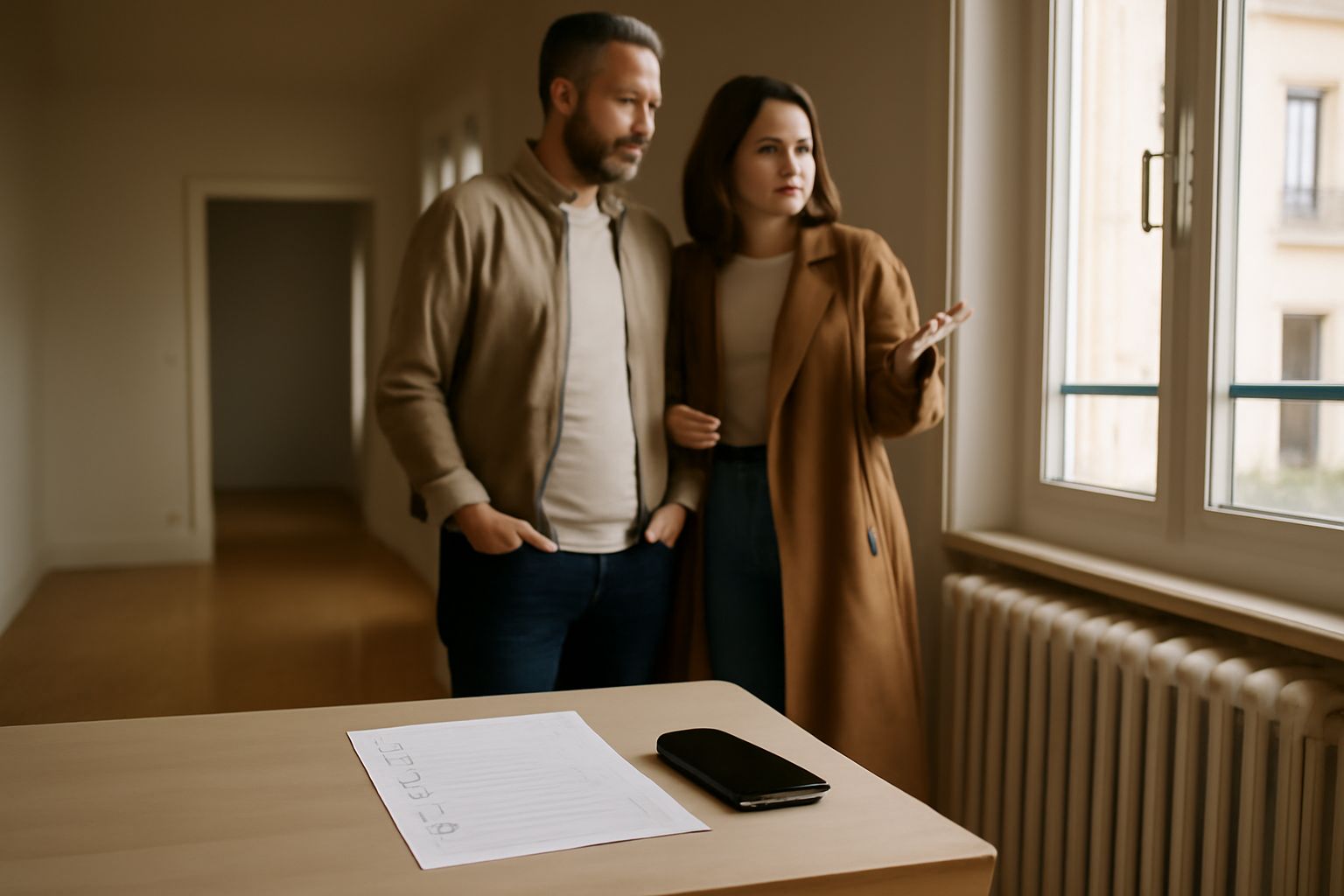 Appartement en visite à Nancy, lumière naturelle et check-list sur table