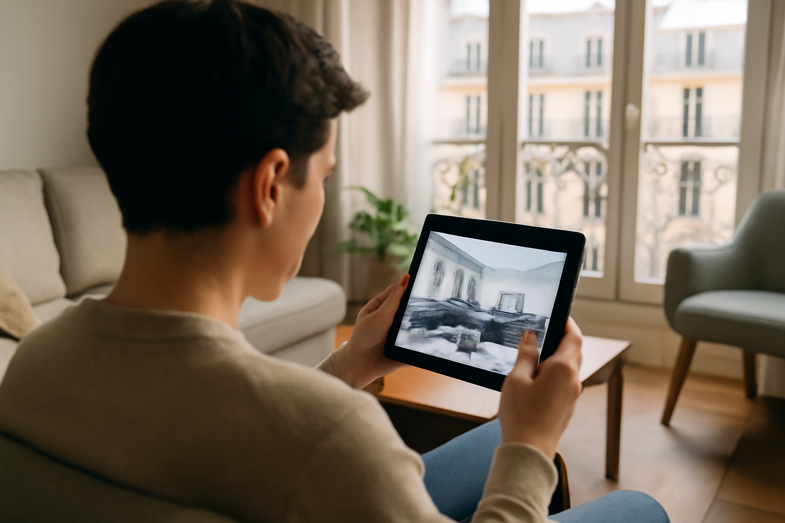 Sélection d’un appartement meublé à Paris, consultation d’une annonce sur tablette dans un salon lumineux