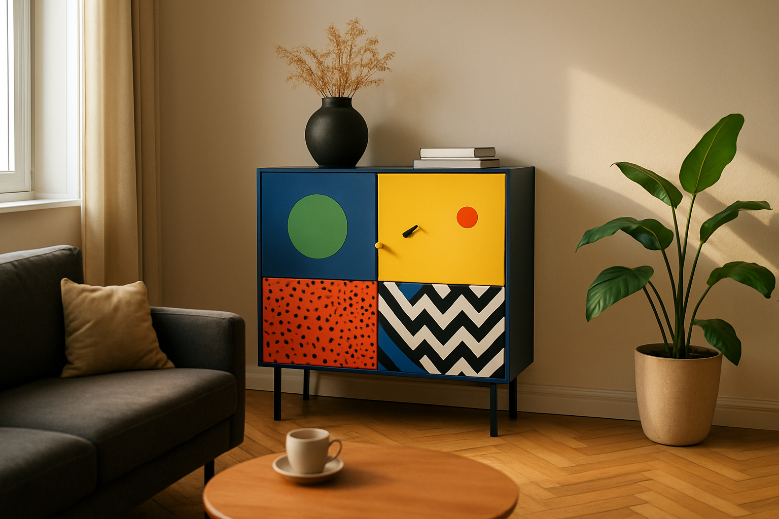 Meuble Memphis aux couleurs vives dans un salon moderne, lumière naturelle