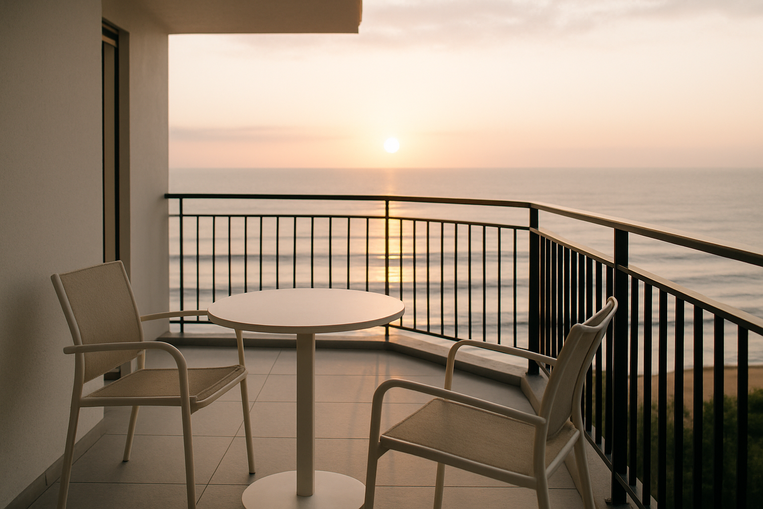 Balcon d’un appartement à Hendaye avec vue sur la côte basque, au lever du jour