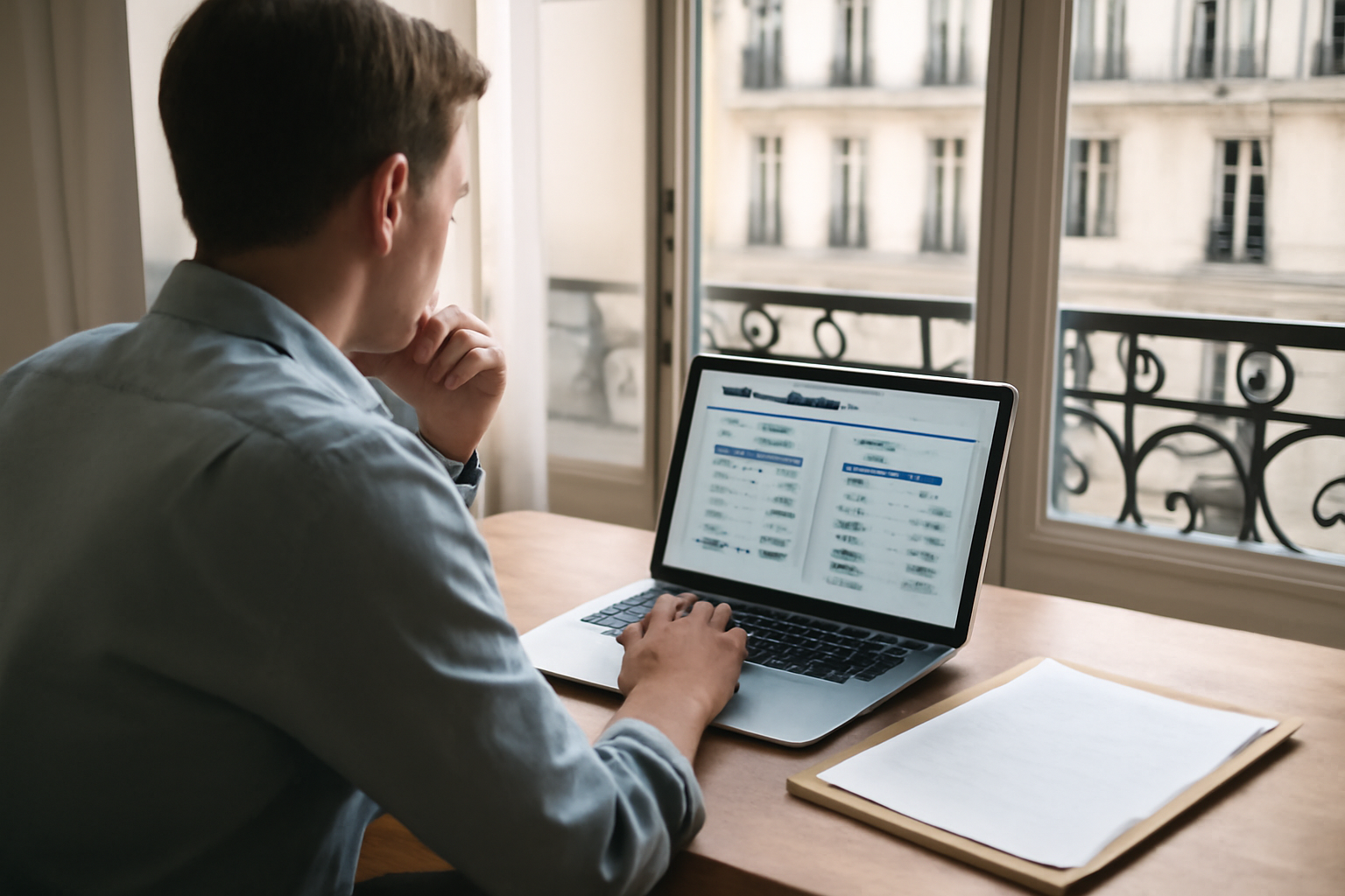 Personne consultant un écran avec une simulation de crédit immobilier et un dossier de prêt sur une table près d’une fenêtre