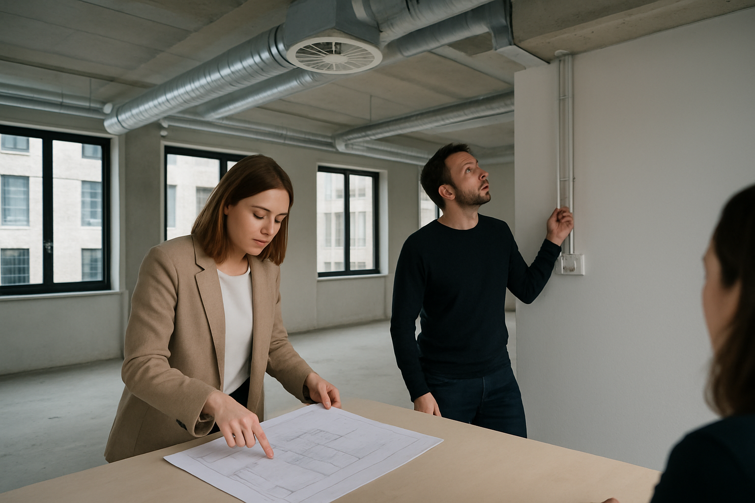 Visite d’un bureau à aménager à Amsterdam avec plan et échantillons techniques