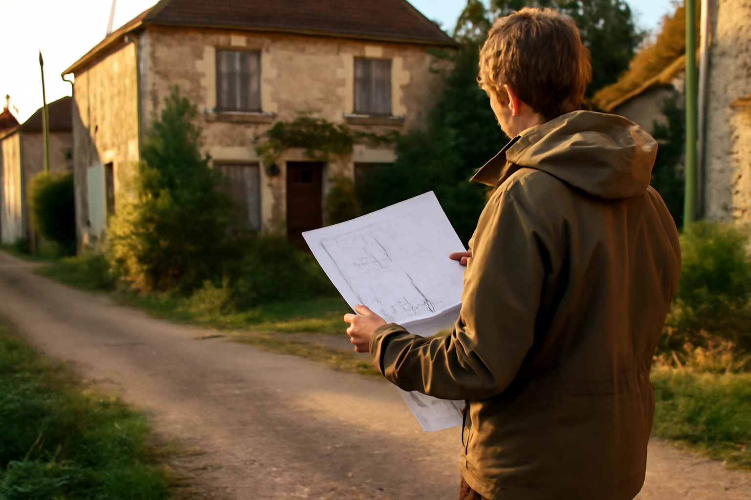 maison abandonnée à donner repérée près d’une mairie, dossier cadastre et documents en main, lumière de fin d’après-midi, France