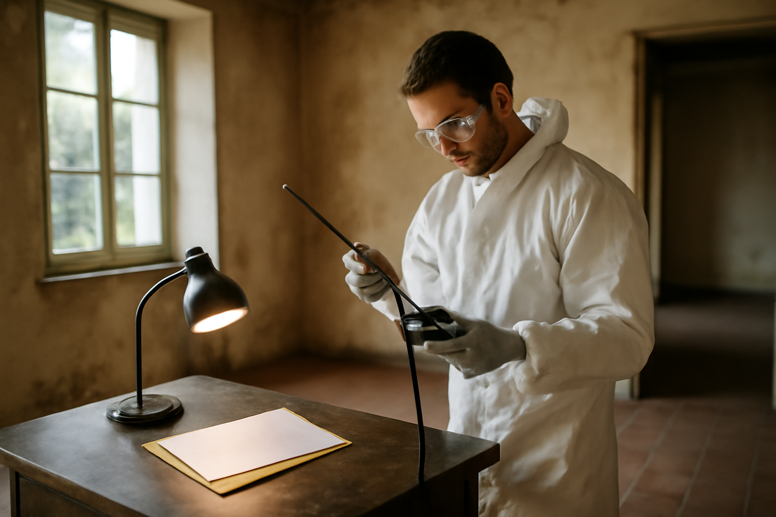 diagnostics immobiliers sur une maison ancienne à rénover, technicien avec appareil de mesure et protections, France