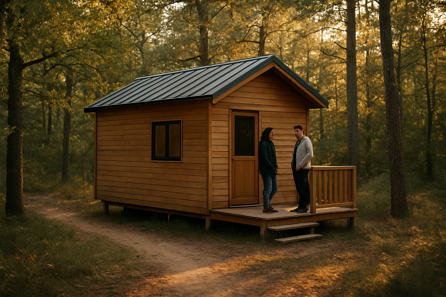 tiny house en bois au cœur de la forêt près d’Orléans, lumière de fin d’après-midi, ambiance calme