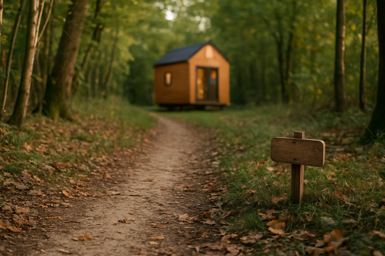 chemin forestier menant à une tiny house près d’Orléans, ambiance calme et végétation dense