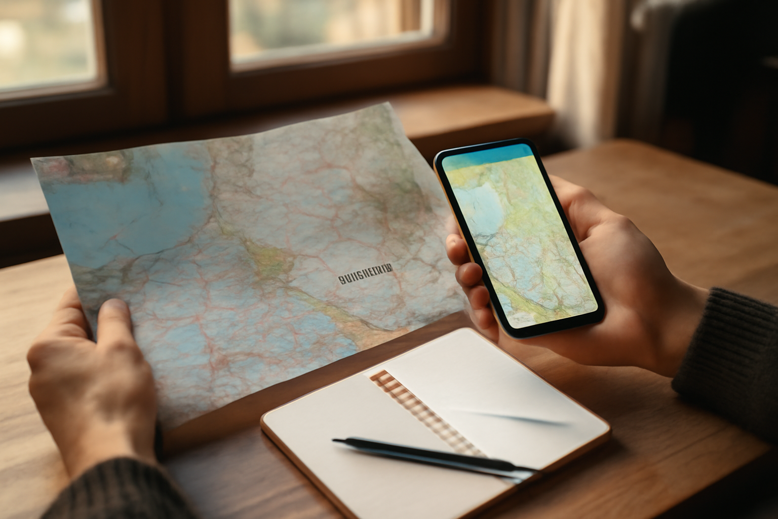 Picardie carte : lecture de routes, départements et relief sur un écran et une carte papier, lumière naturelle