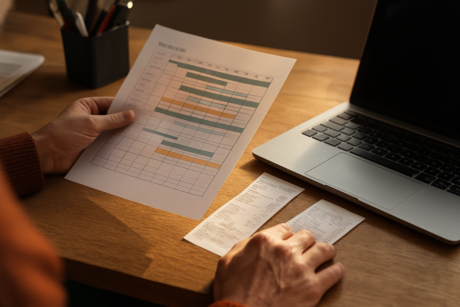 Tickets et planning de mission posés sur un bureau, pour justifier des repas pris hors domicile