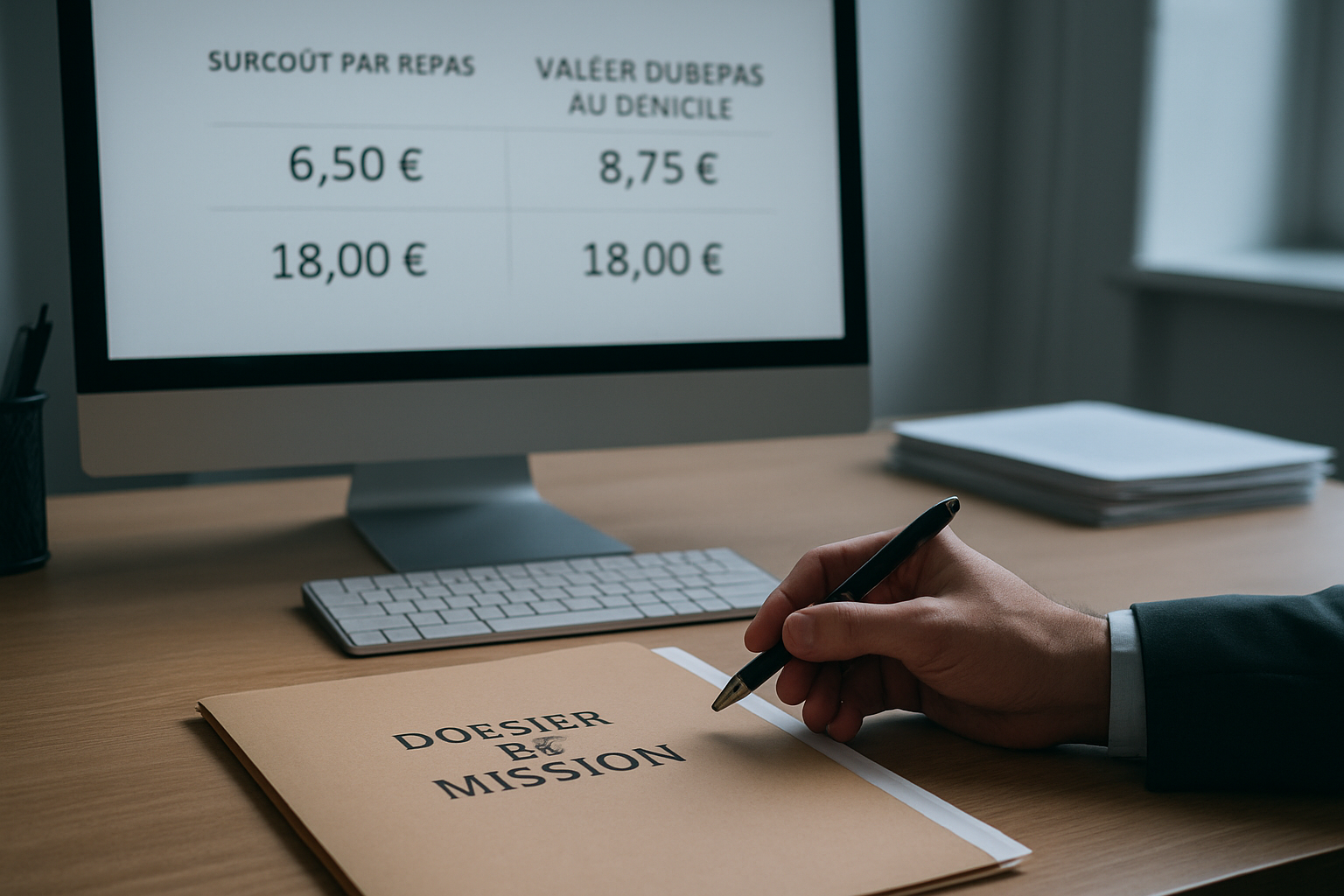 Tableau de calcul des frais de repas avec surcoût et plafond, sur écran d’ordinateur
