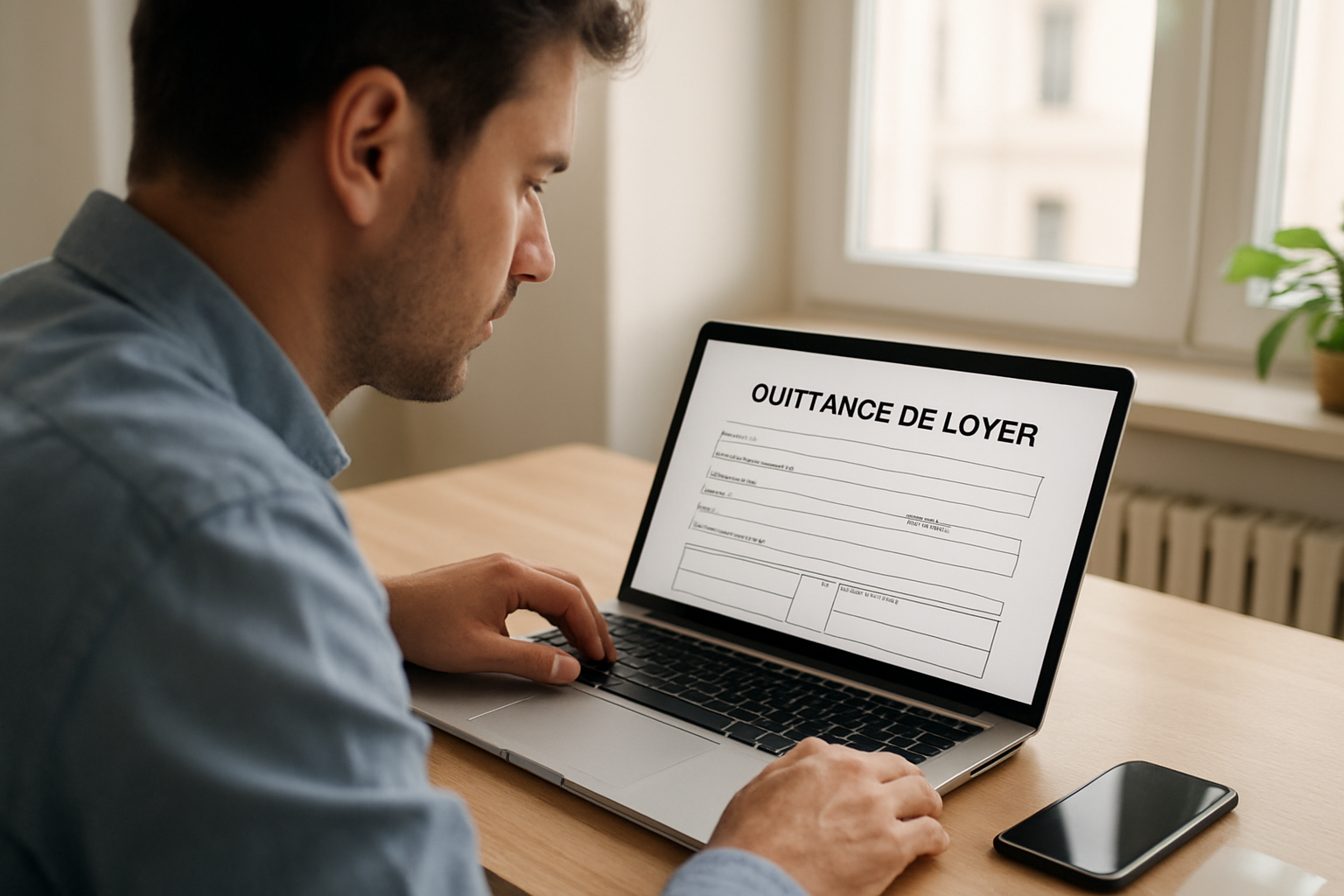Téléchargement d’un modèle de quittance de loyer PDF sur un ordinateur, écran affichant un document prêt à remplir