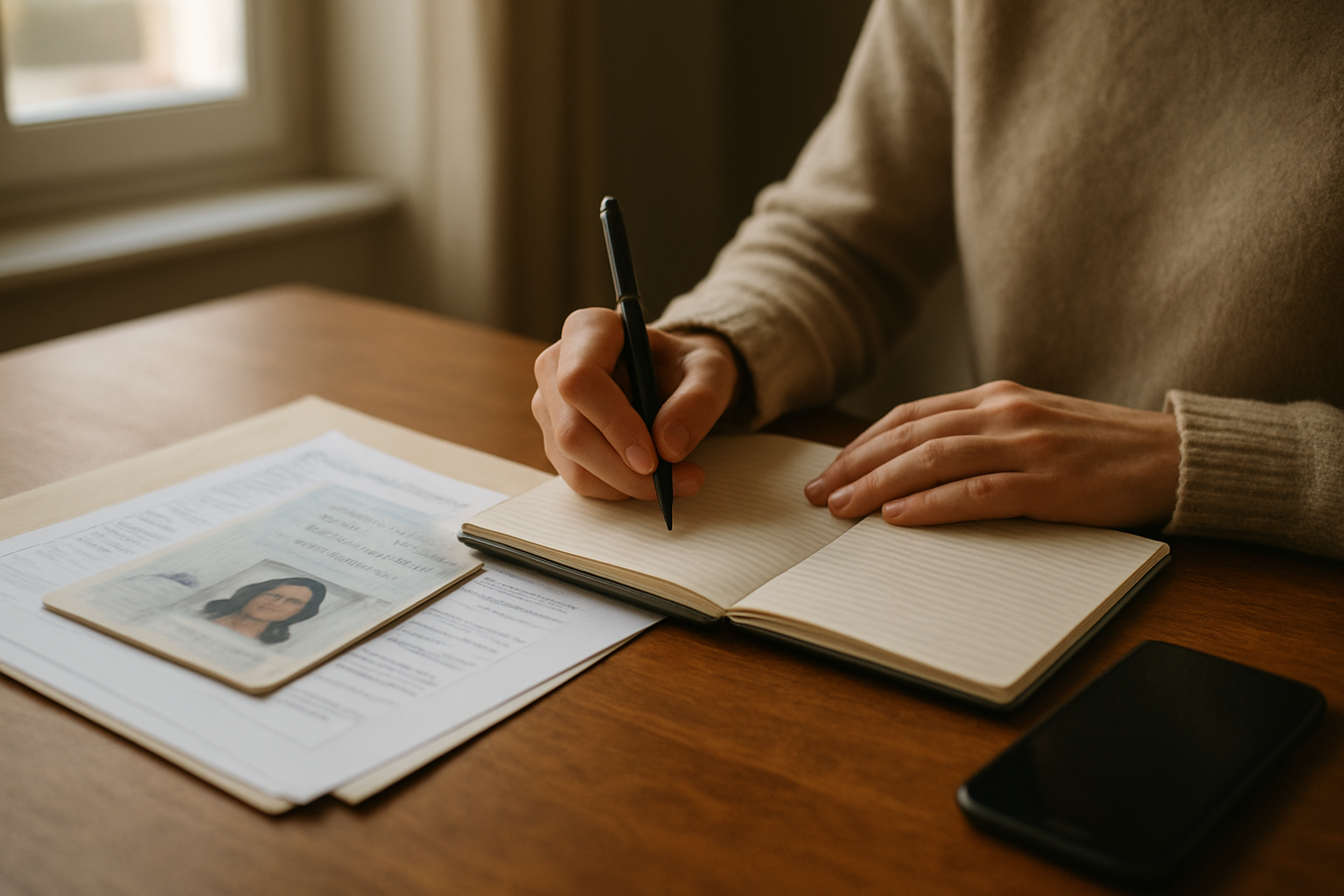 Dossier de demande de logement avec documents et téléphone, préparé pour un contact avec une association